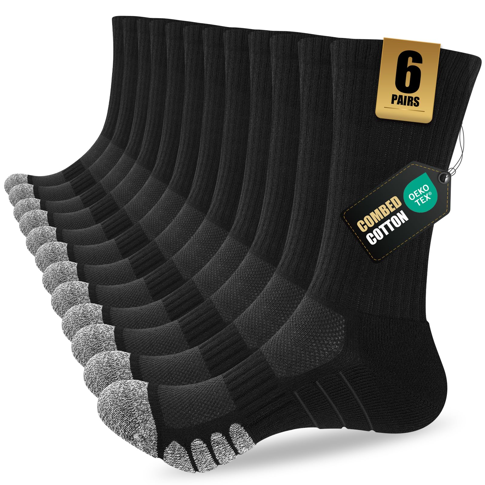 6 Pairs Mens Sports Socks, Combed Cotton Mens Work Socks with Cushioned Bottom, Outdoor Crew Athletic Sock for Hiking, Walking, Running, Cycling