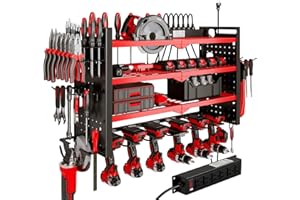 Power Tool Organizer Wall Mount with Charging Station 4 Layer 6 Slot Cordless Drill Holder with Angle Grinder Holder (Red)