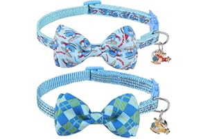 DILLYBUD Cat Collar Breakaway, Reflective Bowtie Cat Collar with Bell for Boy Cats, 2 Pack Adjustable Kitten Collar with Removable Blue Bow, Cute Boy Cat Collar Personalized Puppy Pet Collar