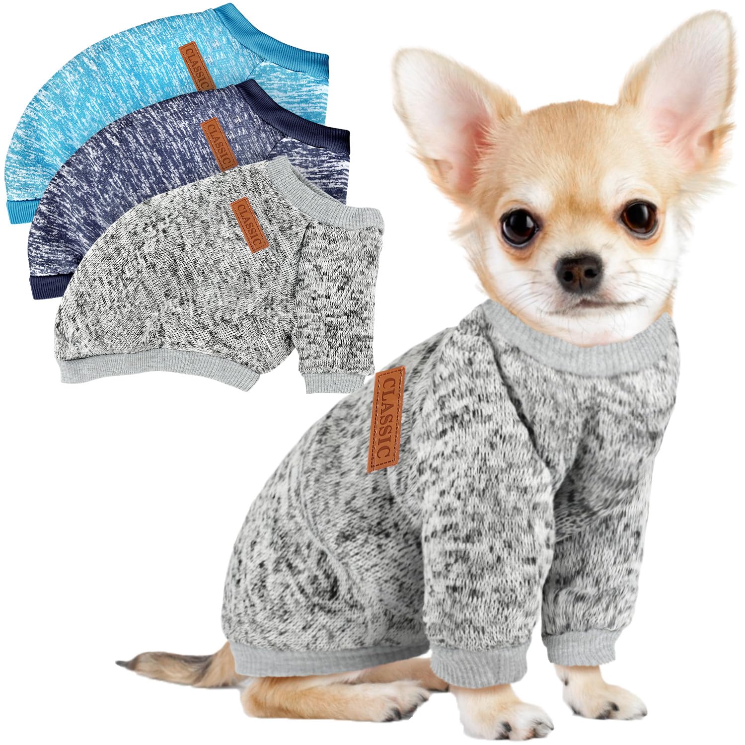 Photo 1 of 3 Pack Dog Sweaters for Small Dogs Girl Boy Winter Fleece Clothes Warm Soft Dog Sweatshirt Outfit for Dogs Cats Pet Apparel