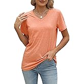 BYIPY Womens V-Neck T Shirts Summer Short Sleeve Tops Casual Solid Color Tee Soft Basics Tshirt