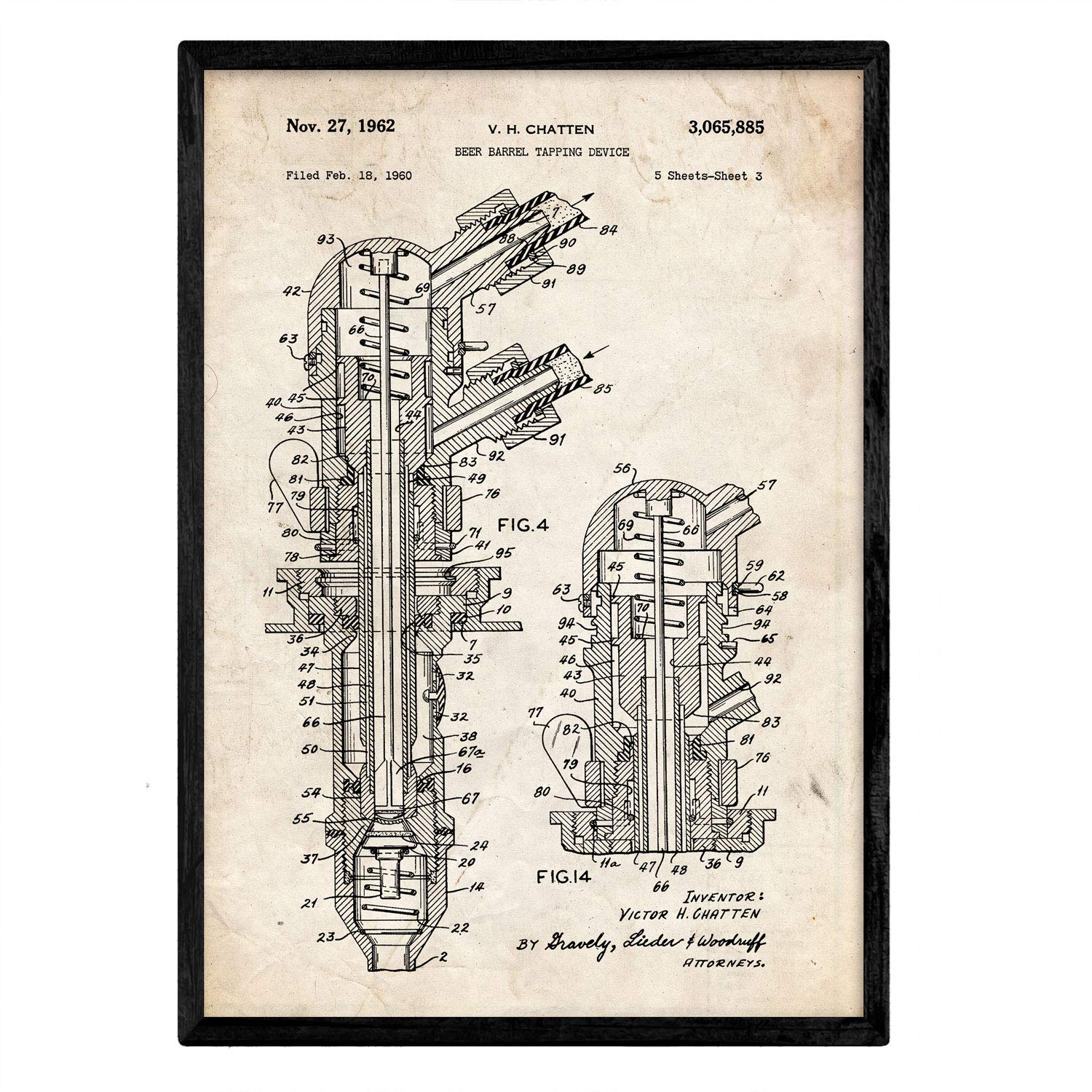 Nacnic Poster patent Beer Barrel 2. Foil with old design patent in A3 size and vintage background