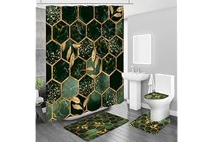 MitoVilla 4 Pcs Emerald Green Bathroom Set with Marble Shower Curtain, Bath Rugs and Accessories - Modern Hunter Green Decor