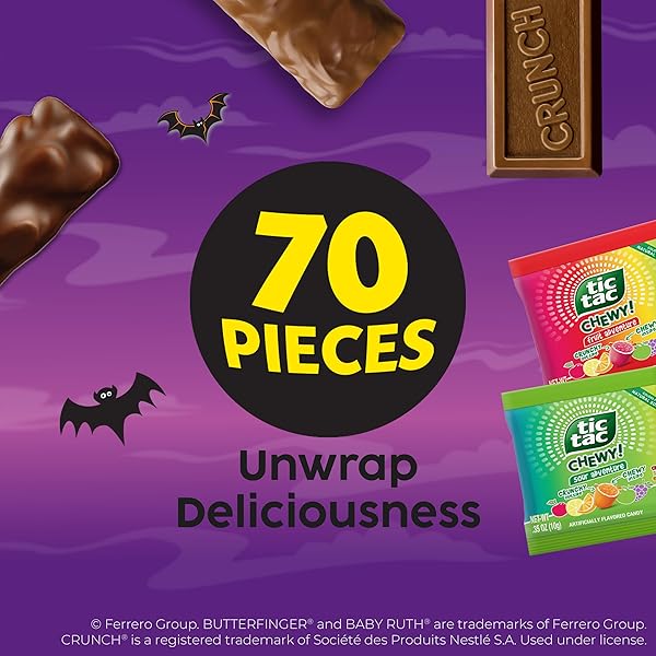 BUTTERFINGER, CRUNCH, BABY RUTH, TIC TAC CHEWY!, FUN SIZE ASSORTED CANDY BARS, GREAT FOR SHARING, BULK 70 COUNT, 25.4 OZ