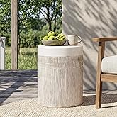 SUNBURY Outdoor Side Table, 17" H Concrete End Tables w Vertical Thread, Ceramic Accent Table for Patio, Round Modern Garden 