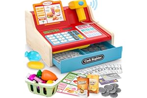 MAYSIDA 2025 Wooden Toy Cash Register for Kids,Rechargeable Counting Wood Cash Register Toys, Kids Cash Register with Scanner Realistic for Boy Girl Age 2-4 4-8, Pretend Toy Role-Playing Birthday Ideals Gift