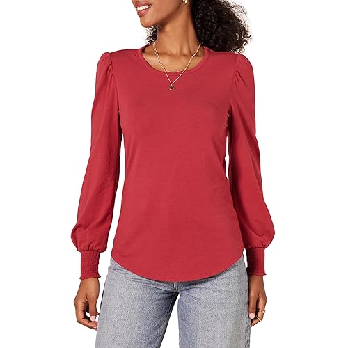 Amazon Essentials Women's Long-Sleeve Crewneck Smocked Cuff T-Shirt, Dark Red, Small