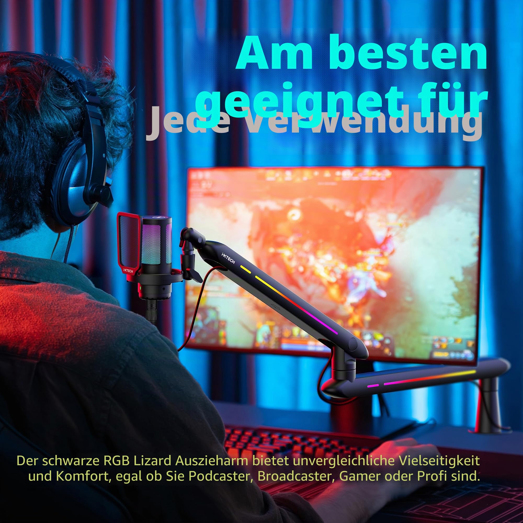 IXTECH RGB Low Profile Galgenarm für Mikrofon, verstellbarer Mikrofonarmständer mit Tischhalterungsklemme, drehbarer Mikrofonarm Mikrofonständer mit Kabelmanagement für Podcast-Streaming, 2
