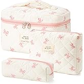 HBselect Quilted Makeup Bag, 3PCS Cotton Large Travel Makeup Bag, Cute Floral Coquette Make up Bag Cosmetic Bag Toiletry Bag for Women Girls