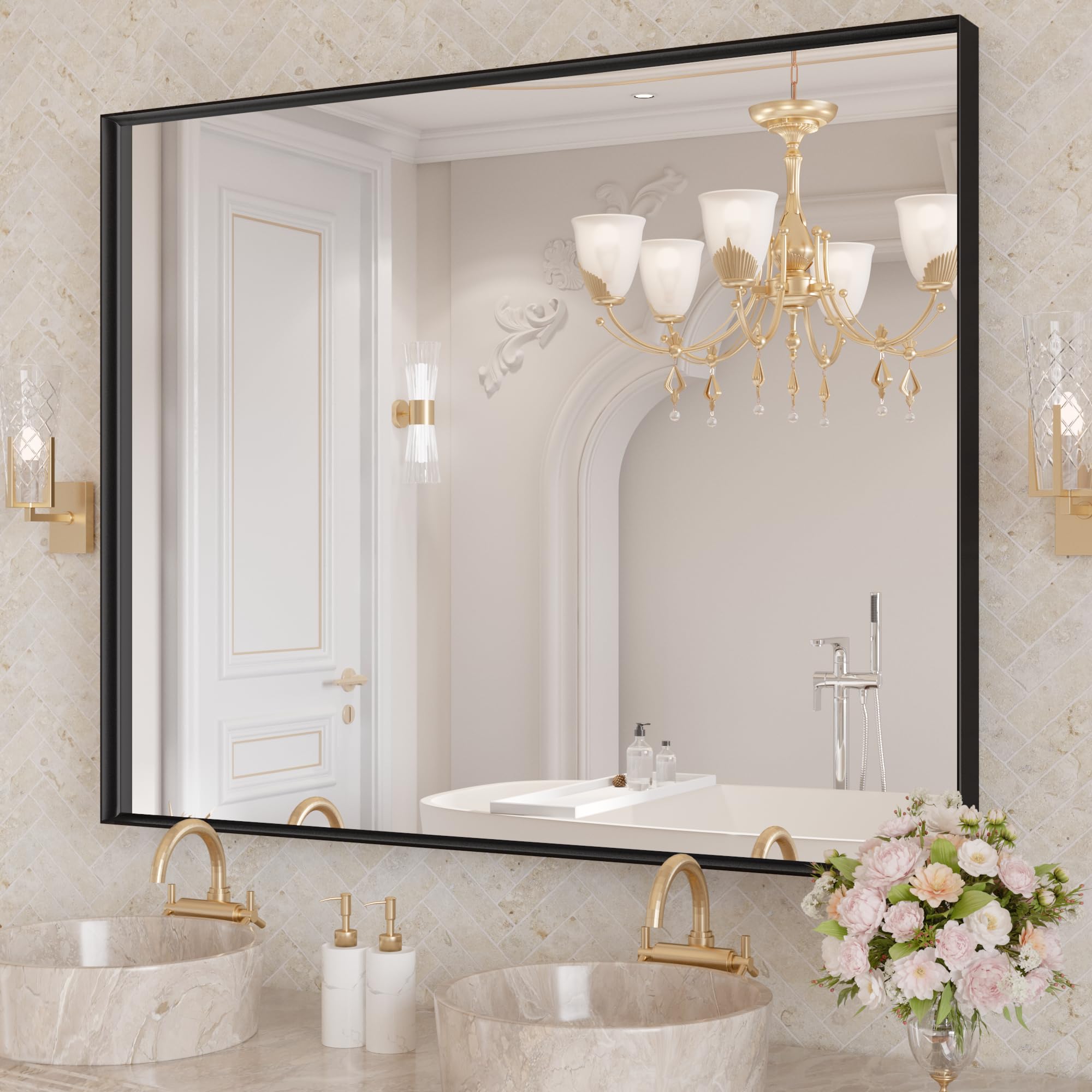 LOAAO Black Bathroom Mirror 40"X24" for Wall, Rectangle Bathroom Vanity Mirror, Tempered Glass, Hangs Vertically or Horizontally, Easy to Install, Modern Design Image