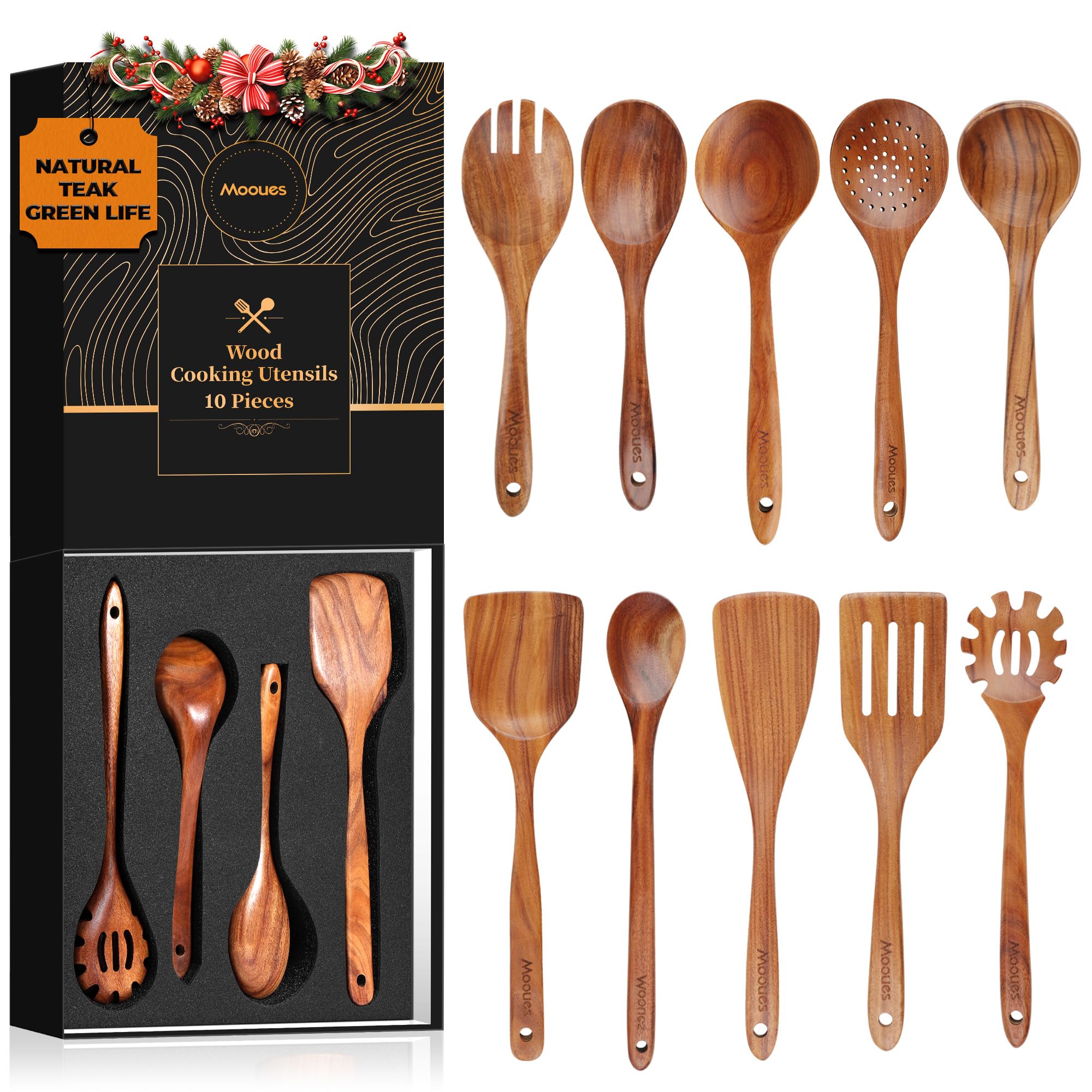 Mooues Wooden Spoons for Cooking, Wooden Utensils for Cooking Natural Teak Wooden Kitchen Utensils Set Comfort Grip(10 PCS SET GIFT BOX) Image