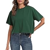 PRIMODA Women's Oversized Workout Cropped T Shirts Crew Neck Short Sleeve Casual Loose Summer Crop Tee Tops Cotton