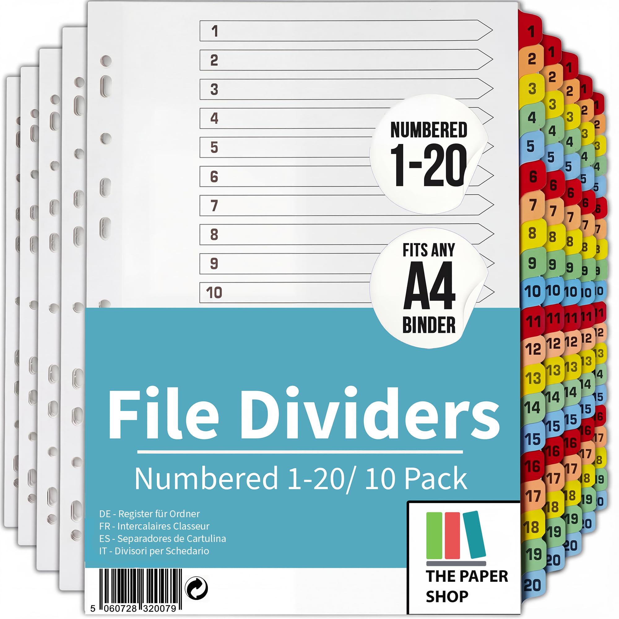 [10 Pack] A4 File Dividers 20 Part Numbered 1-20 | A4 Subject Dividers 20 Part Numbered 1-20 with Multipunched Reinforced Colour Tabs 150gsm