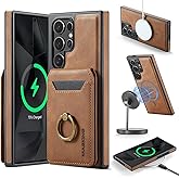 SZHAIYU K1 2 in 1 Detachable Magnetic Phone Cases Compatible with Samsung Galaxy S25 Ultra Case with Card Holder Ring, Compatible with Magsafe Wallet, Leather 6.8'' RFID Blocking (Brown)
