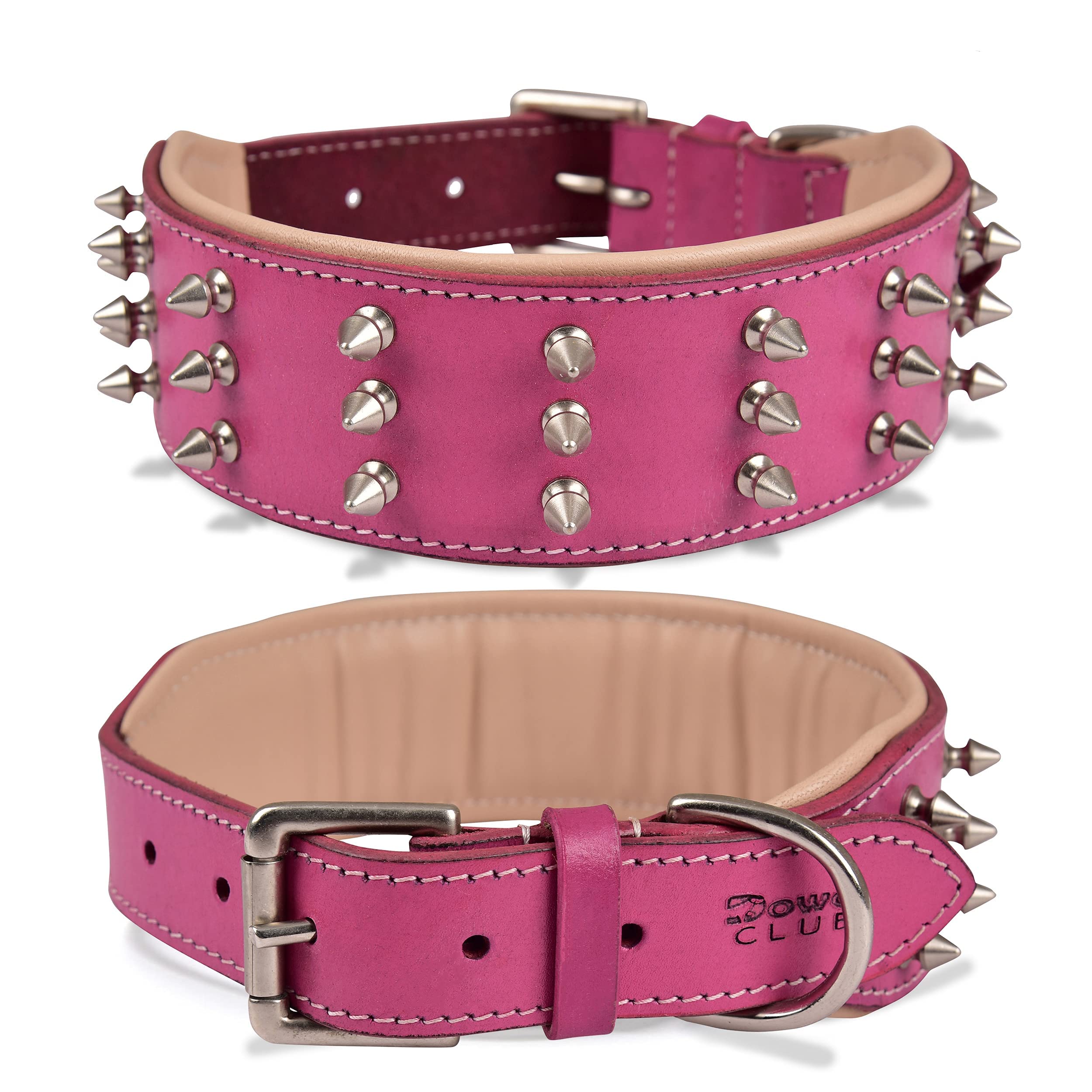 Photo 1 of DowgClub | Genuine Leather Spike Dog Collar | Full Grain, Heavy Duty | Comfortable, Strong, Best for Medium, Large, XL Breeds | 2" Wide (L (Fit Neck 18.5"-22.5"), Pink with Silver Spikes)