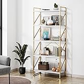 Shintenchi 5 Tiers Bookshelf, Classically Tall Bookcase Shelf,Industrial Book Rack,Modern Book Holder in Bedroom/Living Room/Home/Office, Storage Rack Shelves for Books/Movies,Gold