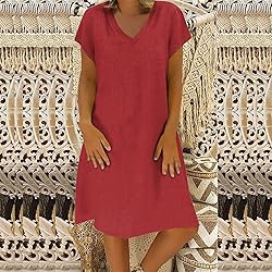 Women's Summer Cotton Linen Dress Loose V-Neck