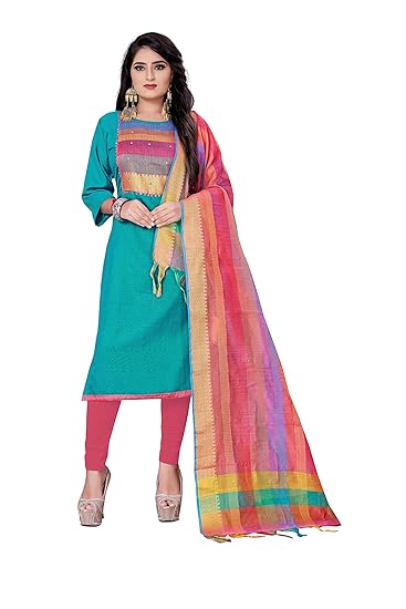 Leeza Store Women Unstitched Cotton Suit With Banarasi Dupatta (Turquoise Color_Free Size)