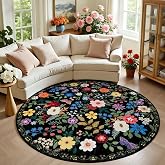 PLHXFR Round Area Rug Living Room: 6 ft Floral Washable Soft Carpet Black | For Bedroom Dining Room Farmhouse Nursery Hallway,Vintage Floral,Machine washable,Non Slip,Stain Resistant,Large Indoor