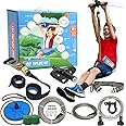 Zip Line Kit for Kids and Adults, 100/120/150/200 ft, Up to 350 Lbs, Removable Trolley, Rustproof Stainless Steel, Quick Setup with Ratchet, Safety Harness, Backyard Adventure Fun.