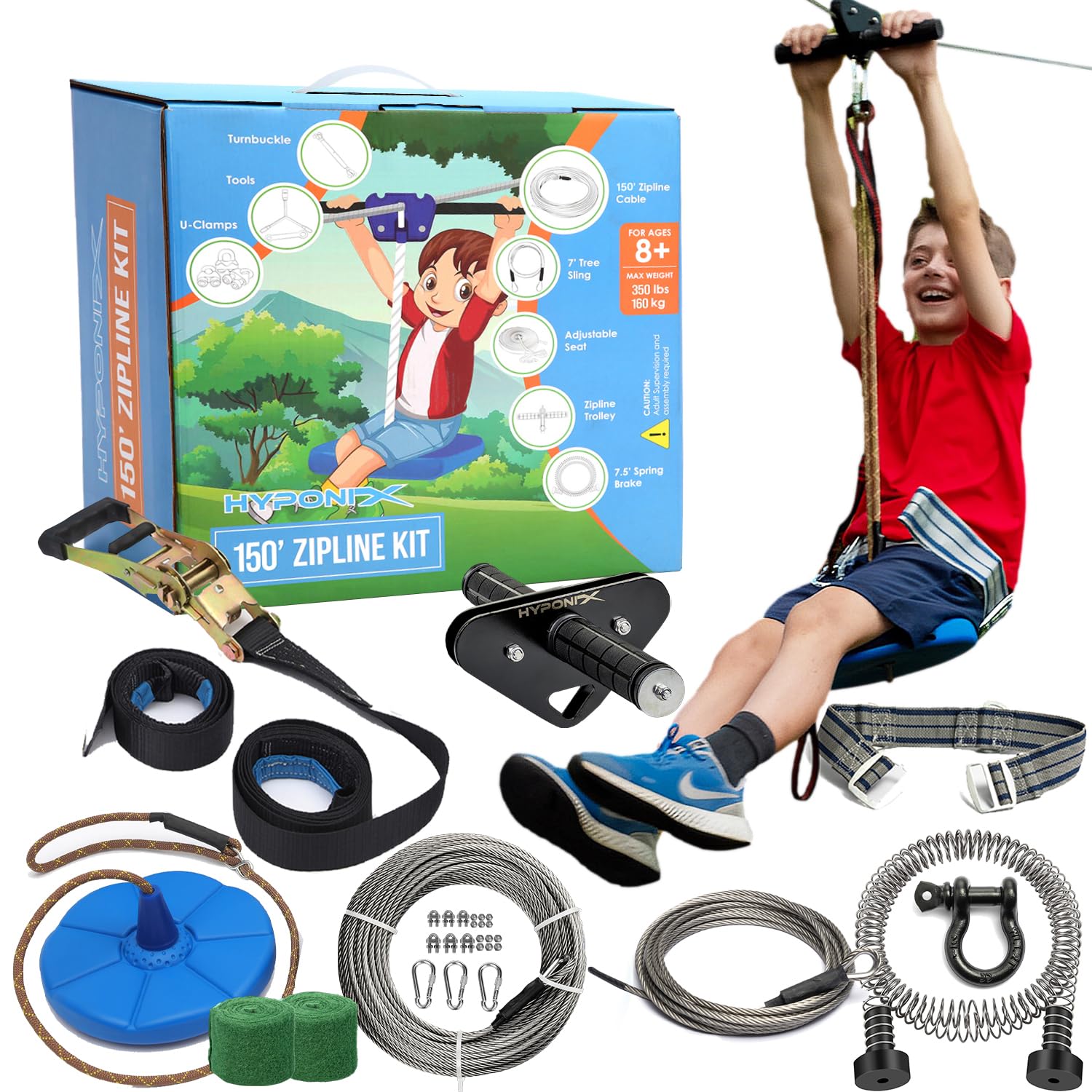 Photo 1 of Zip Line Kit for Kids and Adults, 100/120/150/200 ft, Up to 350 Lbs, Removable Trolley, Rustproof Stainless Steel, Quick Setup with Ratchet, Safety Harness, Backyard Adventure Fun.