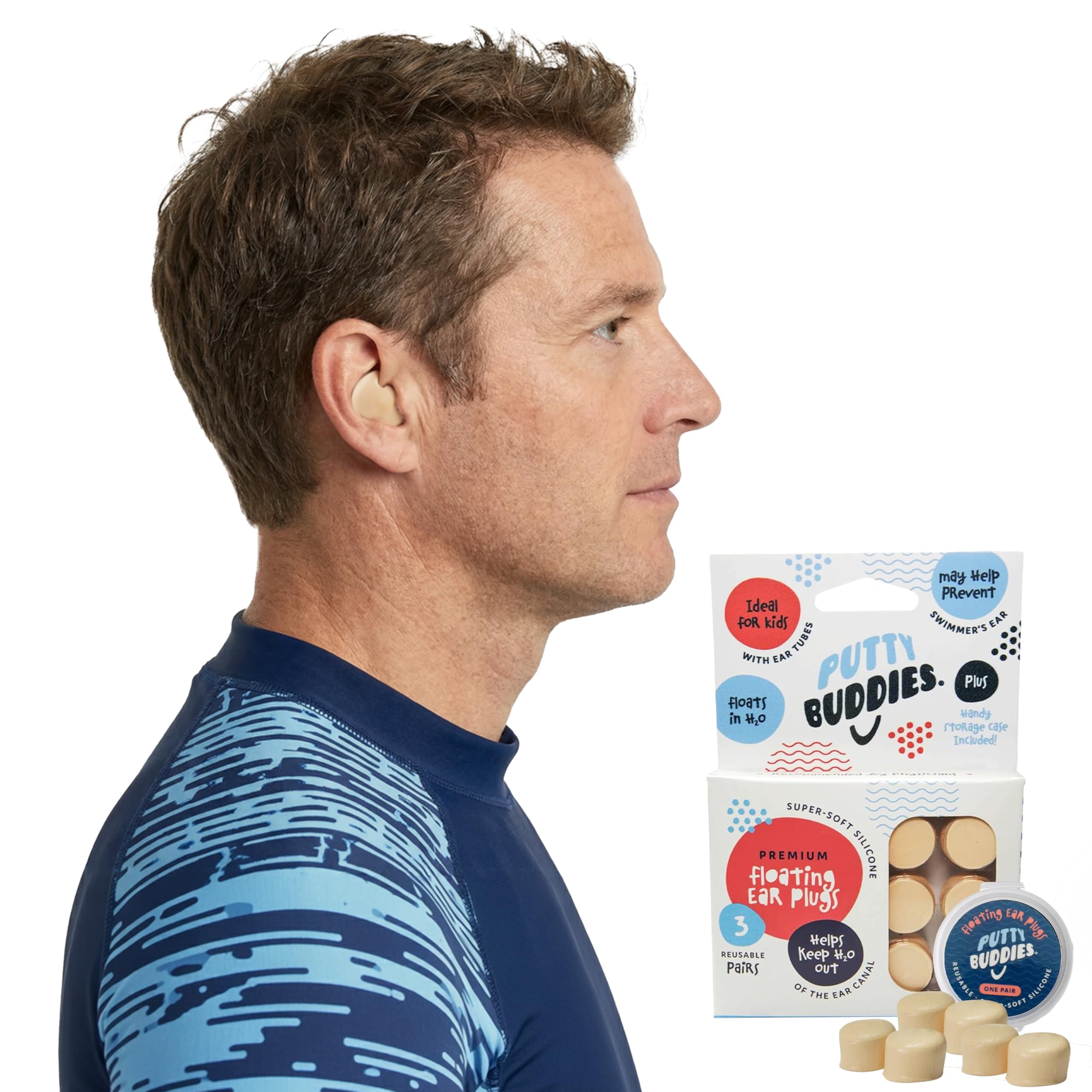 Putty Buddies Floating Earplugs for Swimming & Bathing (Invented by Physician) Keep Water Out 3-Pair Tan