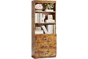 Flrrtenv 71 Inch Bookshelf with 3 Wooden Drawers, 6-Tier Tall Book Shelf Wood Storage Cabinet, Freestanding Heavy-Duty Open D