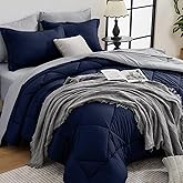 HEVUMYI Queen Comforter Set - 7-Piece All Season Bed in a Bag Queen, Ultra Soft Bedding Set with Comforter, Flat Sheet, Fitted Sheet, Pillowcases, Pillow Shams, Navy Blue & Light Grey
