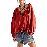 Esmeling Women Tie Neck Blouse Drawstring Balloon Long Sleeves Tops Loose Casual Solid Shirts
