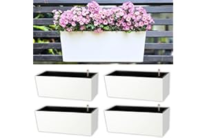 LaLaGreen Railing Planter Box (20 Inch, 4 Pack) White Rectangular Window Flower Boxes with Bracket, Self Watering System Hang