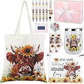 Aliceset 66 Pcs Highland Cow Gift Set for Women Include Highland Cow Print Bag Cosmetic Bag 20 oz Wine Tumbler Stainless Steel Tumbler Cute Socks Keychain Stickers Pen for Farm Animal Lovers