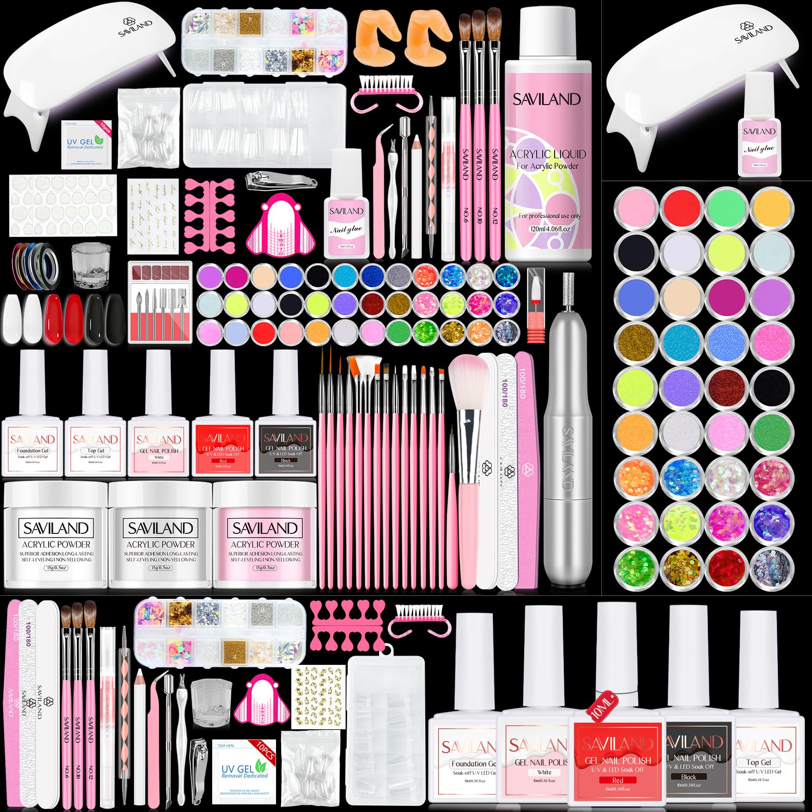 Saviland Acrylic Nail Kit with Drill – Nail Kit Acrylic Set for Nails Extension with Acrylic Powder And Liquid Set Acrylic Nail Brush Practice Finger Portable U V Light for Nails Kit Set for Home DIY — image 1