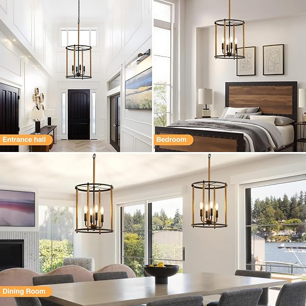 LUVKCZC 4 LIGHT CHANDELIER,FARMHOUSE CEILING LIGHT BLACK LANTERN LIGHT FIXTURES WITH ROPES CAGE ADJUSTABLE HEIGHT RUSTIC HANGING LIGHT E12 BASE FOR KITCHEN ISLAND, DINING ROOM, LIVING ROOM,ENTRYWAY