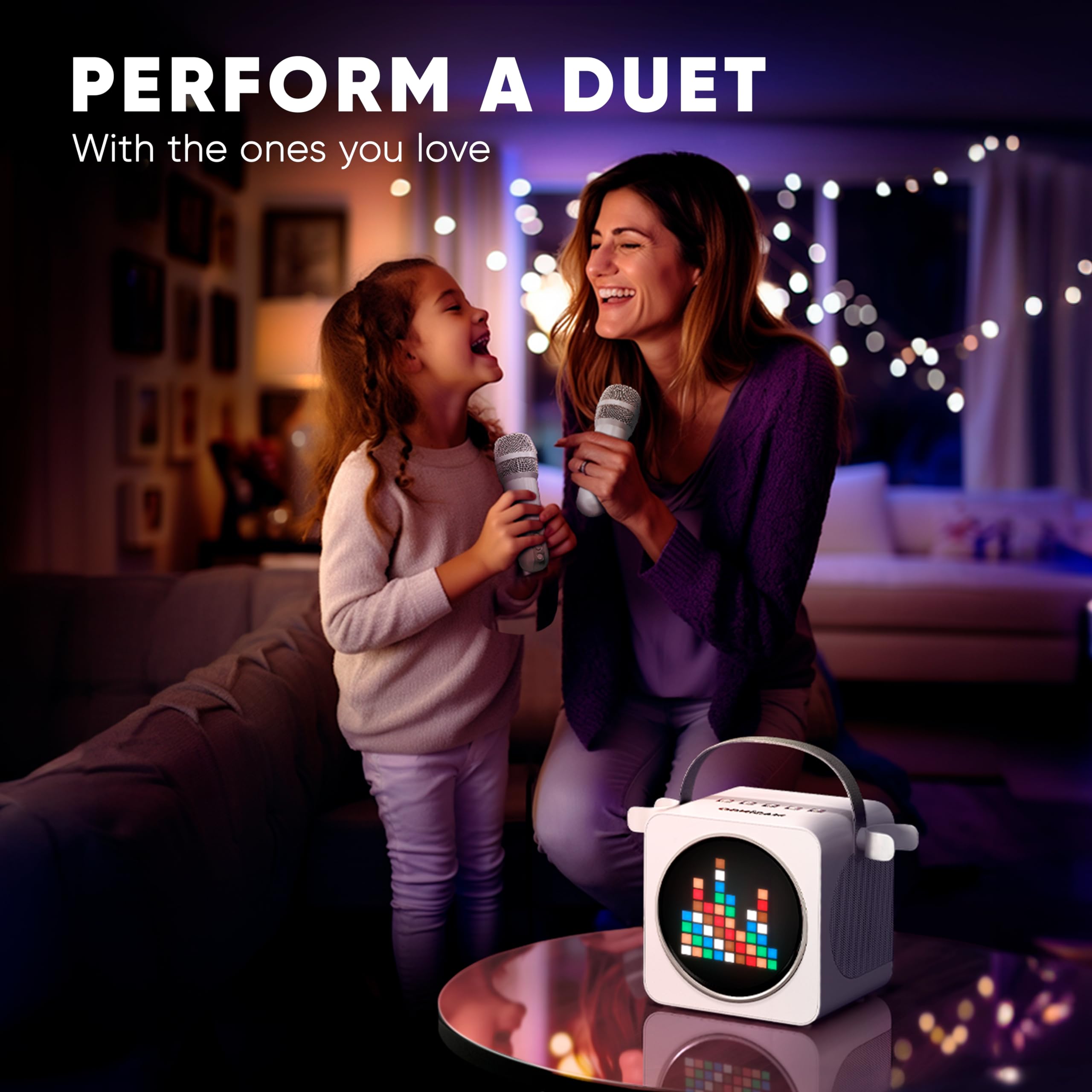 MASINGO Portable Mini Karaoke Machine for Kids and Adults with Dual Wireless Bluetooth Microphones, Animated LED Display, USB/Aux/MicroSD, Voice Effects, Fun Karaoke Toy for Girls and Boys, Animato S1