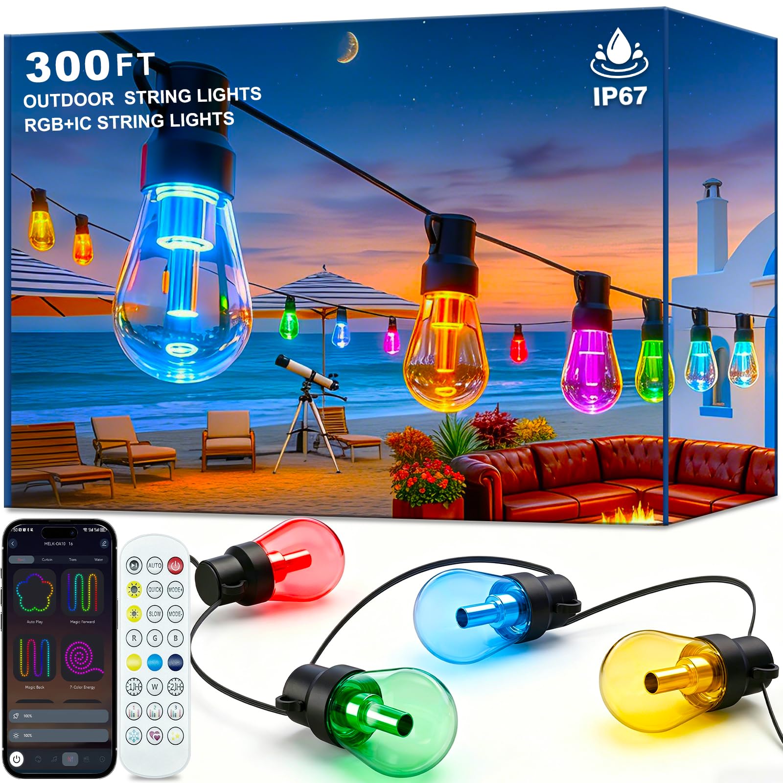 Photo 1 of 300FT RGB+IC Outdoor String Lights, Dimmable Shatterproof LED Bulbs, IP67 Waterproof DreamColor Chasing Lights, Multicolor Dynamic Lighting for Patio Balcony Garden & Outdoor Living Area Decoration