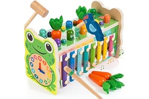 Amtreen 6-IN-1 Wooden Montessori Toys for 1 Year Old, Mole-Tapping Game | Play the Xylophone | Frog Clock | Carrot Harvest Game | Spinning Gear, Toddler Toys Aged 1-4, Baby Toy Gift for Early Learning