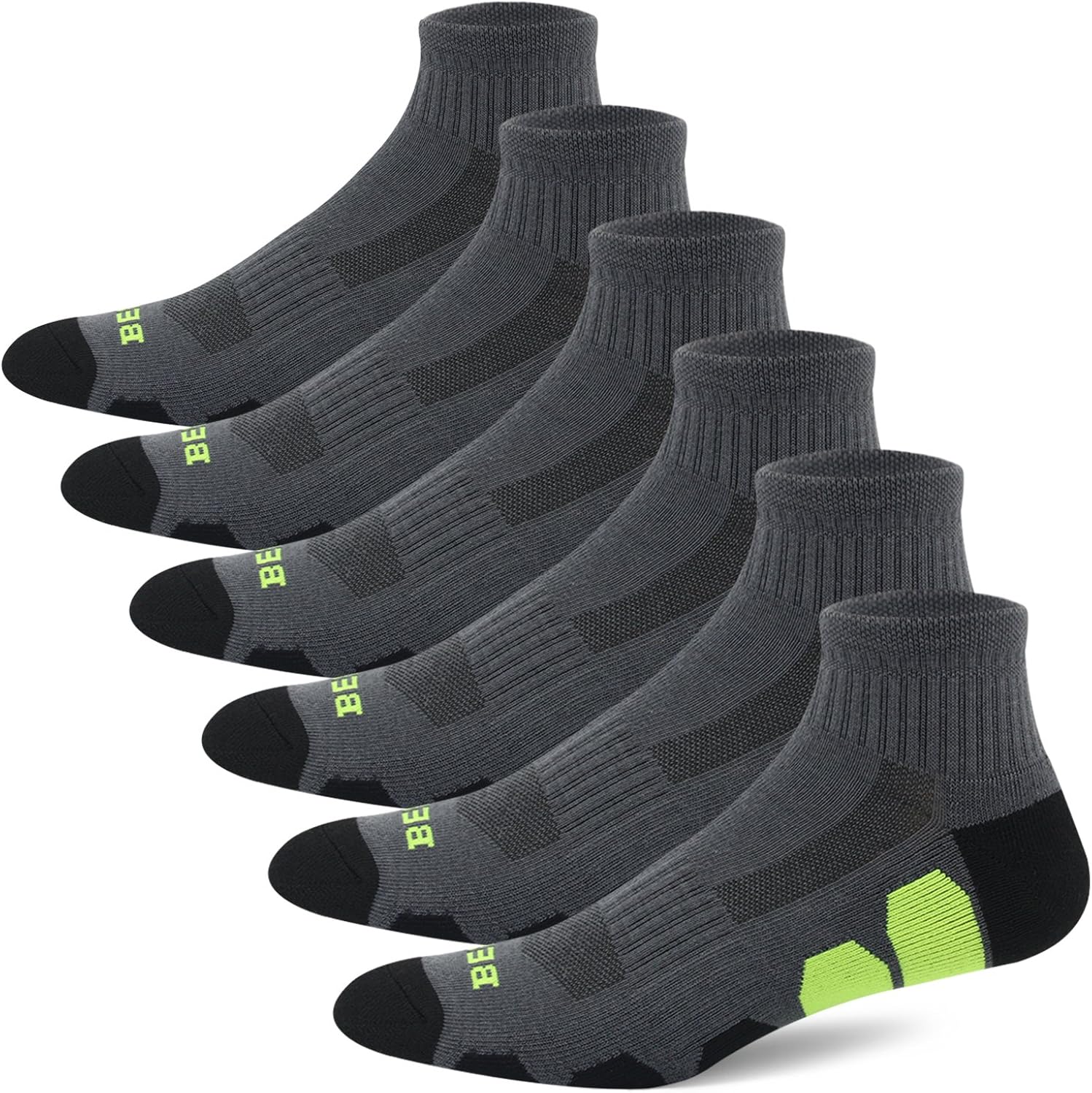 BERING Men's Athletic Ankle Running Socks, Size 10-13, DarkGrey/Black, 6 Pack: Clothing