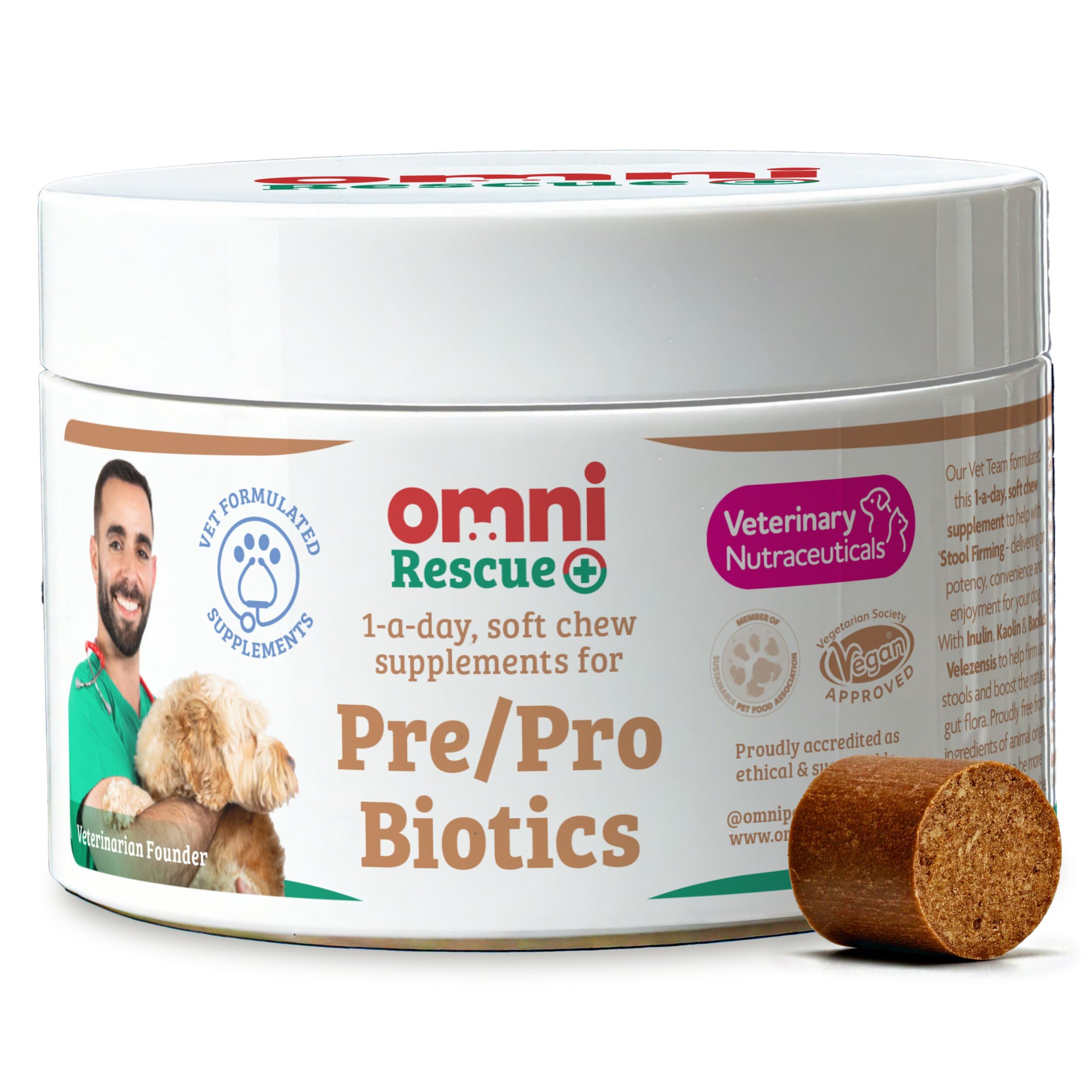 OMNI Soft Chew Supplements - Pre and Probiotics for Dogs Gut Health, One-a-Day Vet Grade Dog Chews with Inulin & Kaolin - Enhances Digestive Health, Stool Firming, 30 Servings, Medium Dog 15-30 Kg