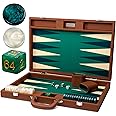 Pointworks 19 Inch Premium Backgammon Sets for Adults Leather Brown - Green. Premium 1.6 Inch Checkers & Dice Set, Travel Backgammon Set, Large, Backgammon Board Game, Backgammon Game Set
