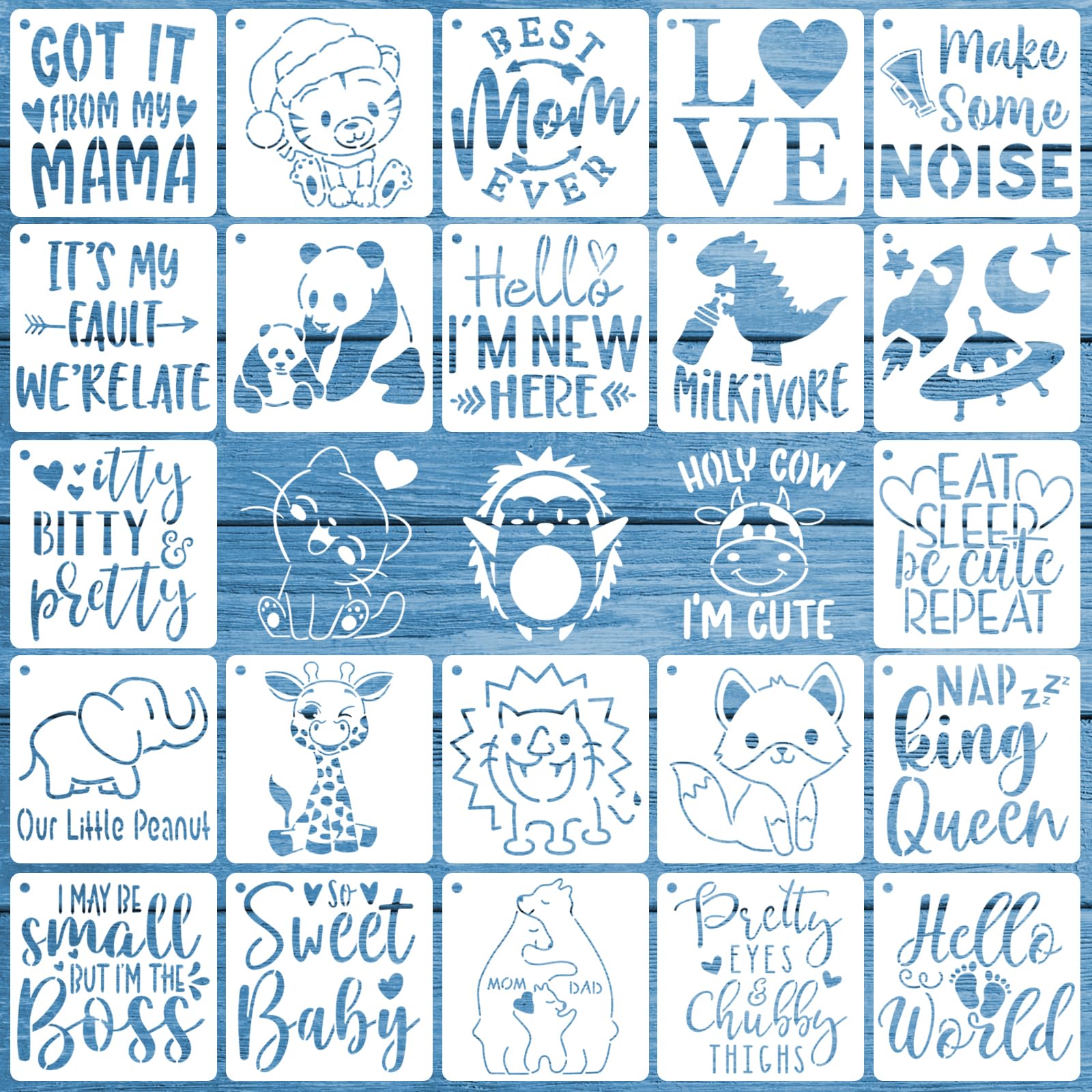 OOTSR 25pcs Baby Stencils for Painting - Baby Shower Stencils of Phrases, Animals for Onesies, Bibs, Bodysuits, Bags, Shirts, Shoes - Templates for Clothes, Fabric Crafts Decorations