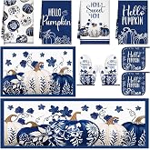 10 Pcs Chinoiserie Blue White Pumpkin Fall Kitchen Linen Decor Set | 4 Hand Towels, 2 Anti-slip Kitchen Rugs, 2 Oven Mitts, 2 Pot Holders, Hello Pumpkin Autumn Harvest Thanksgiving Kitchen Decor
