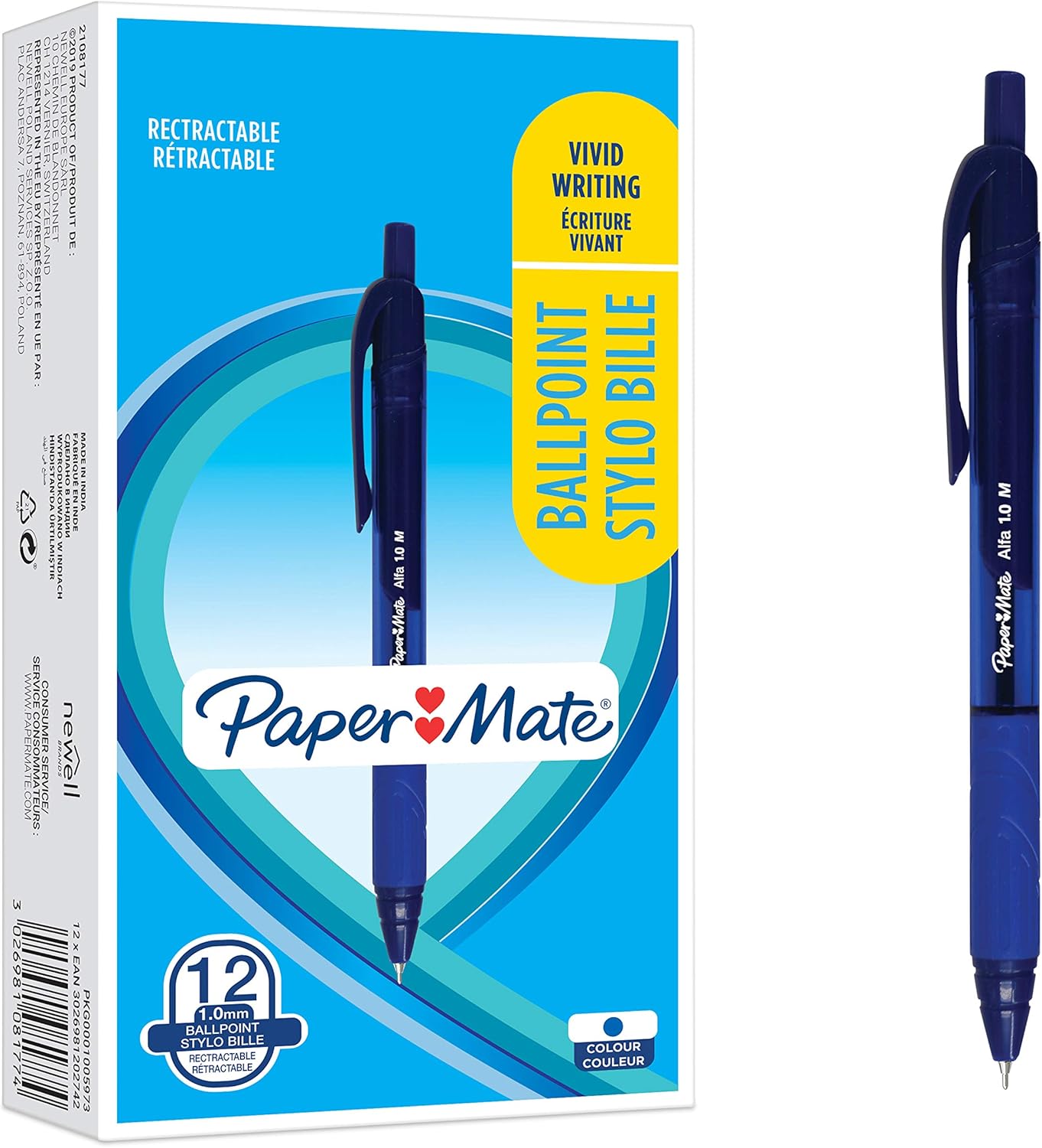 Paper Mate Alfa Retractable Ballpoint Pens, Blue, 12 count (Pack of 1)