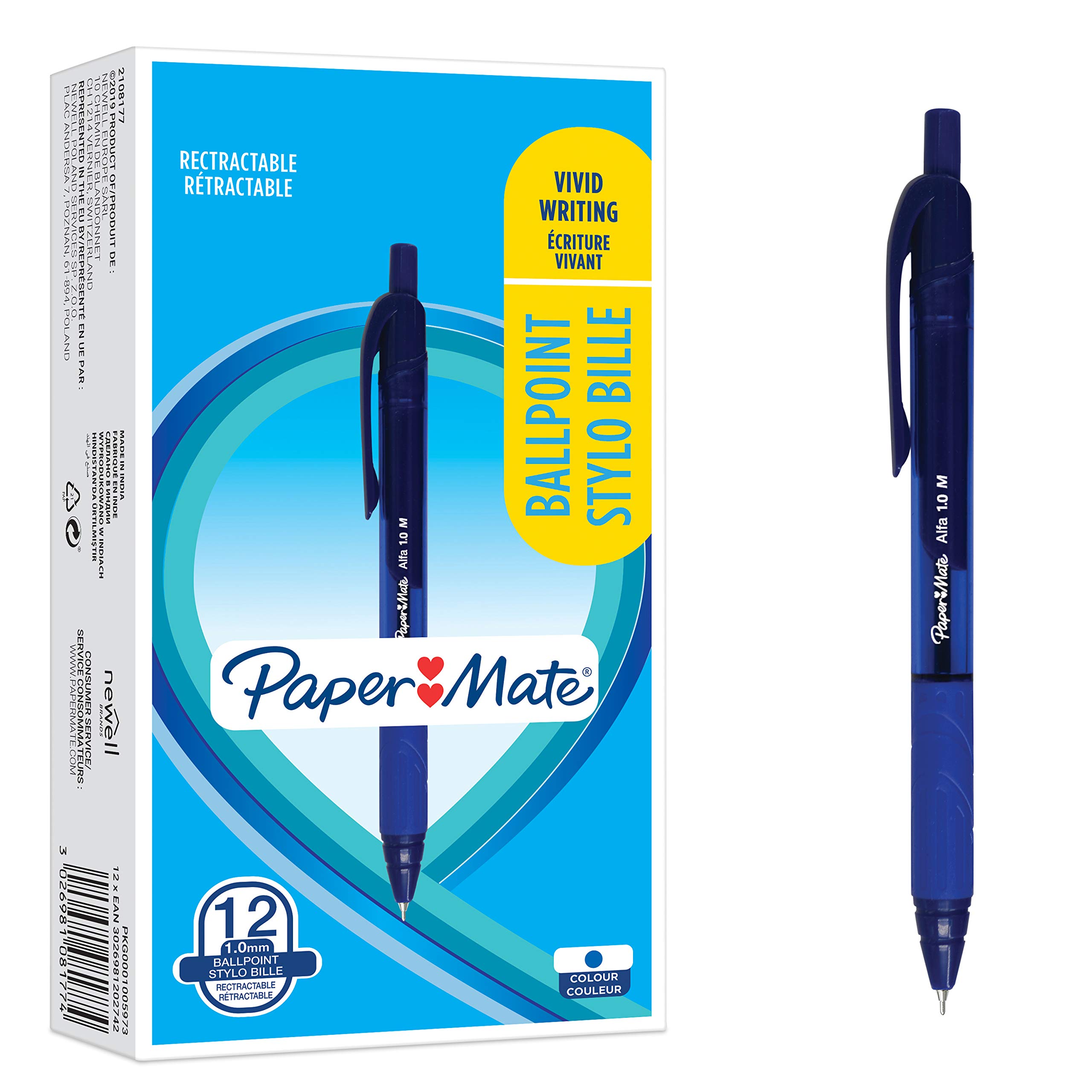 Paper Mate Alfa Retractable Ballpoint Pens | Medium Point (1.0 mm) | Blue Ink | 12 Count