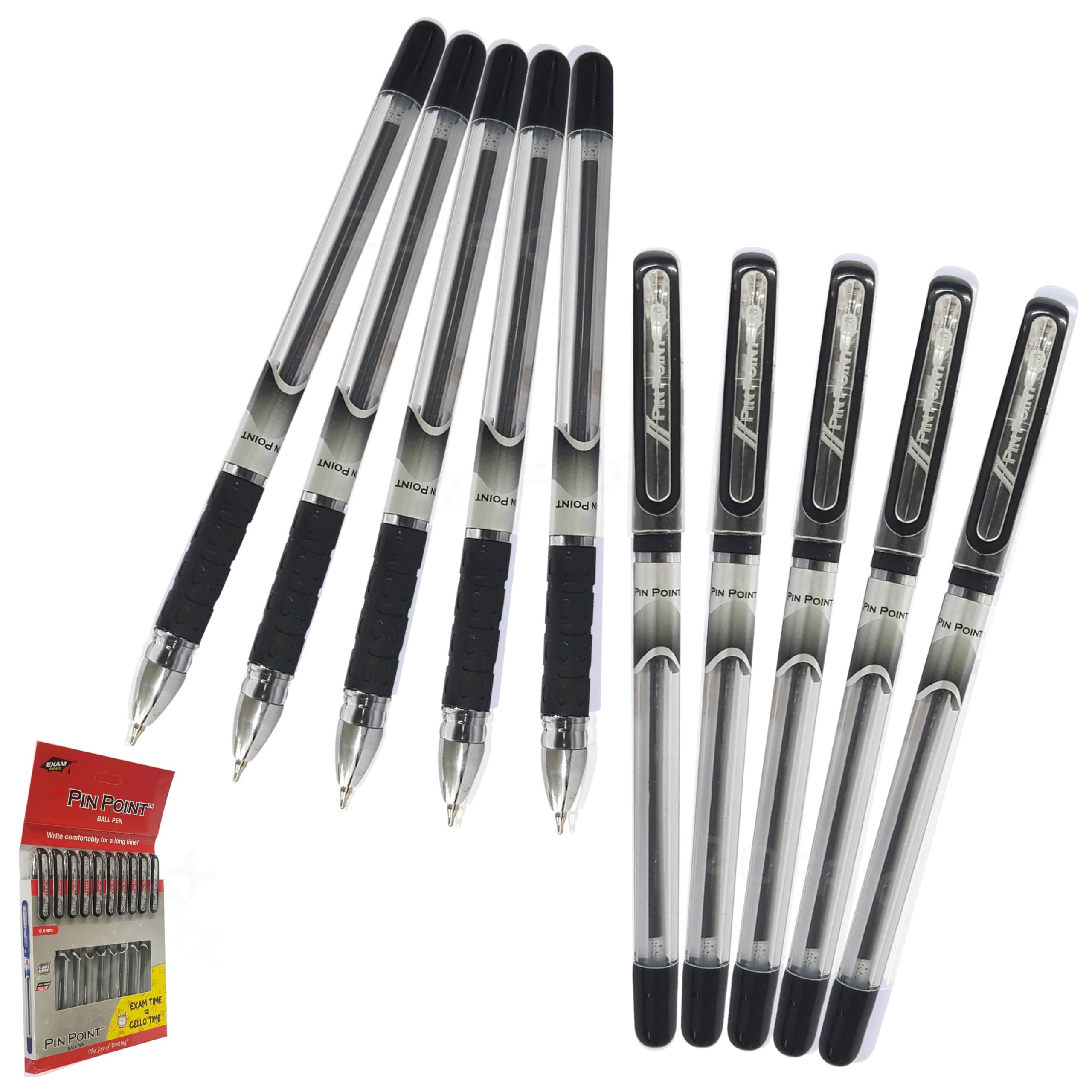 PINPOINT Ballpoint Pens, BLACK, Fine Point (0.6mm), Pack of 10, Elasto Grip, Fine Ball Pens, Perfect for School Office Home Use, iZOFAX Black Ball Pen