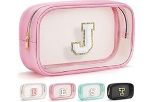 YOOLIFE Initial Travel Essentials Makeup Bag, Make Up Bag Skin Care Clear Toiletry Bag Pouch Cosmetic Bag Case Large Makeup Bag Personalized Pink Birthday Gifts for Women Teacher Mom Teen Friends J