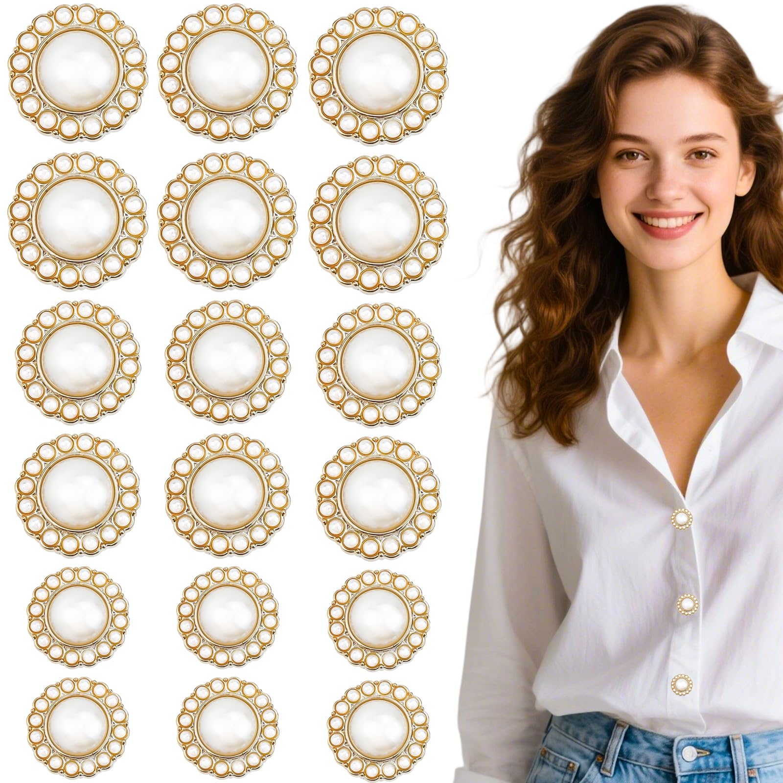 Photo 1 of 30PCS Vintage Pearl Buttons, 3 Sizes Metal Faux Buttons Embellishments Set for Coats, Suits, Knitting, Sweaters, Sewing, Crafting & Handmade Projects