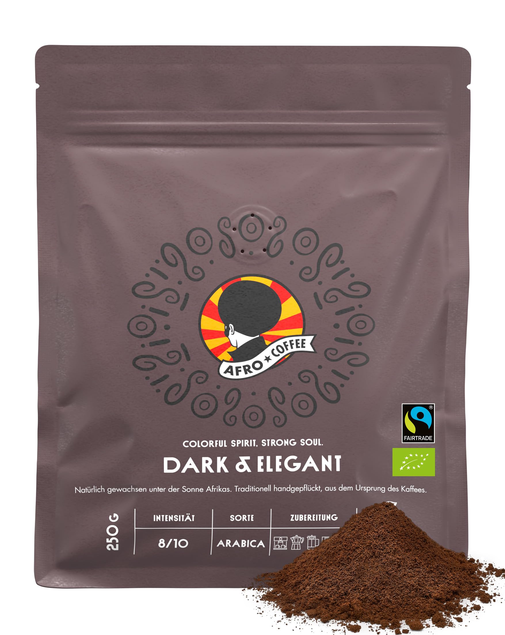 AFRO COFFEE Dark & Elegant I 250g Premium Bio Kaffeepulver Fairtrade I 100% Arabica Kaffee gemahlen I Kaffee aus Äthiopien mit Noten von Bitterschokolade I handgepflückt, dunkel geröstet, säurearm