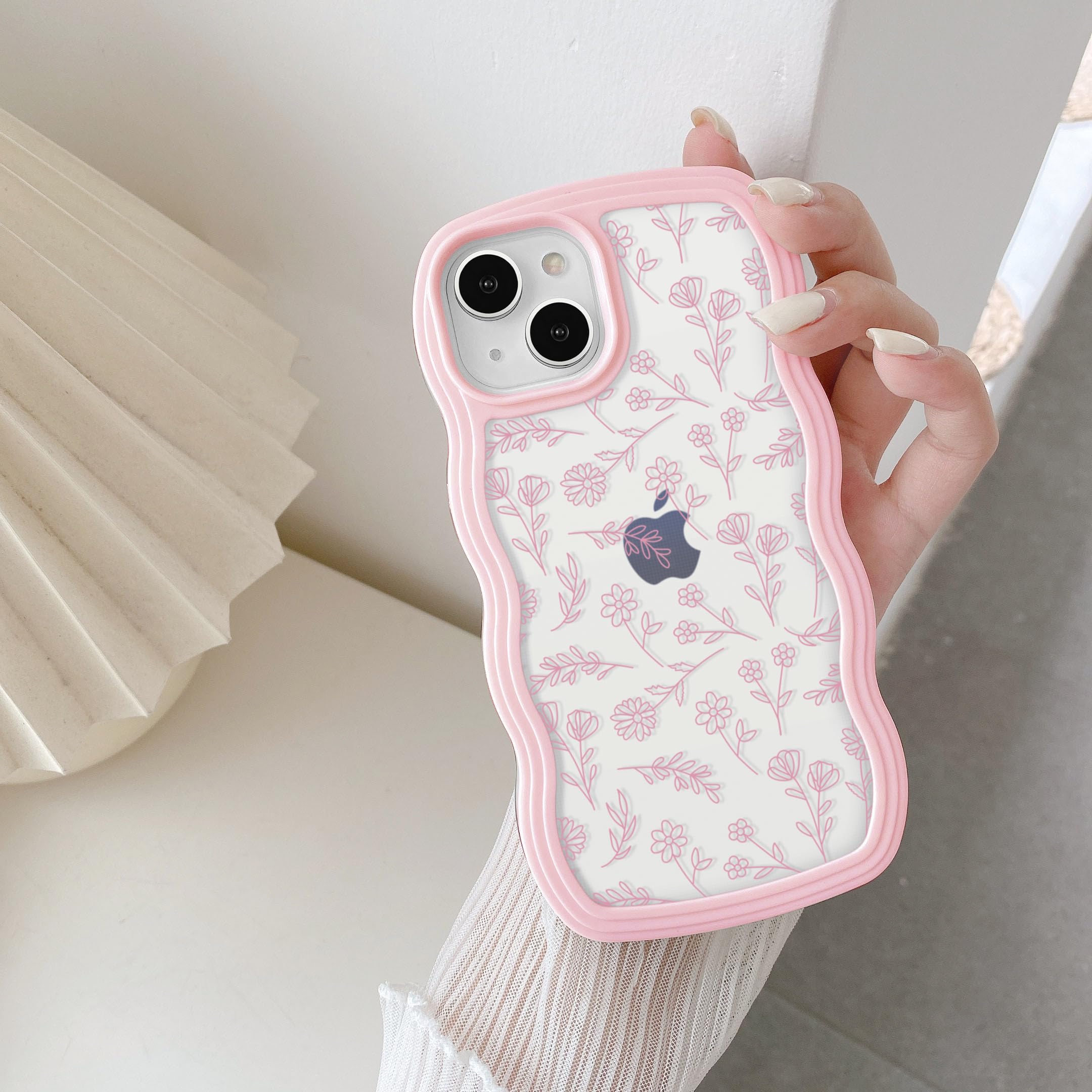 QLTYPRI Compatible with iPhone 15 Case, Cute Curly Wave Frame Clear Case for Girls Women, Flower Clear TPU Bumper Slim Soft Silicone Shockproof Protective Phone Cover for iPhone 15 - Pink Floral — image 1