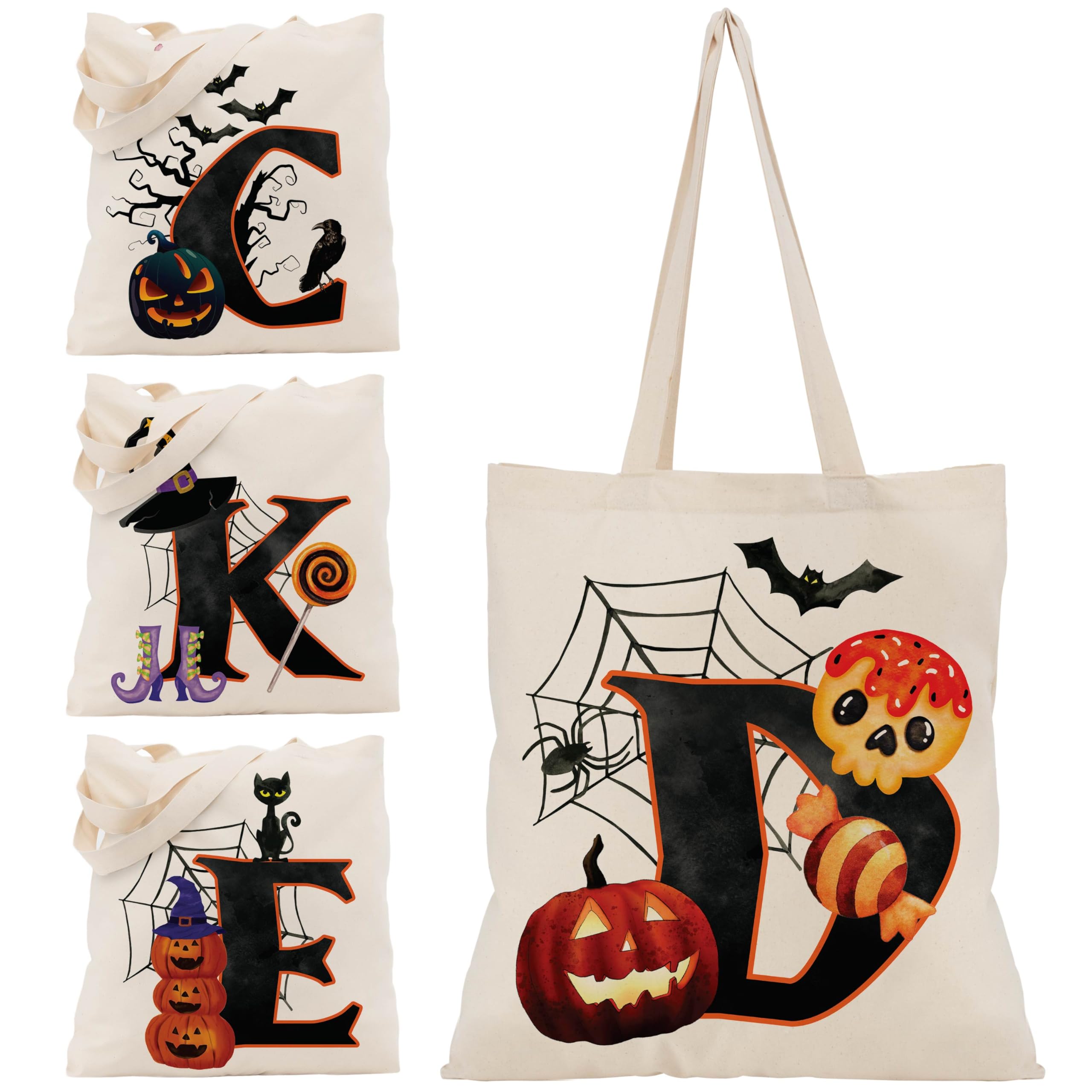 Halloween Initial Tote Bags Gifts for Girl Boy - 15"x16" Personalised Trick or Treat Bag Pumpkin Party Canvas Shoulder Bag C1 (Initial #D)