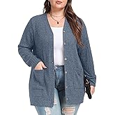 OLRIK Women Plus Size Cardigan Open Front Button Down Sweater Lightweight Jacket with Pockets Fall Winter Outfits